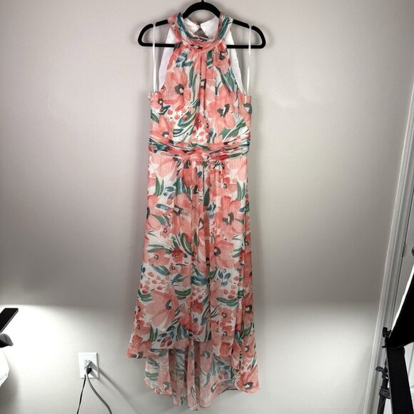 Eliza J Pink Floral Halter High Low Maxi Dress Size 14 Spring Wedding Colorful - Picture 2 of 13